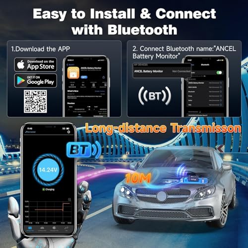 ANCEL BM300 12V Battery Monitor, Bluetooth 4.0 Automotive Voltmeter with Charging, Cranking System Test & Alarm - Compatible for Solar Power Systems, RVs, Motorcycles, Boats, Cars, and Trucks - color: Black