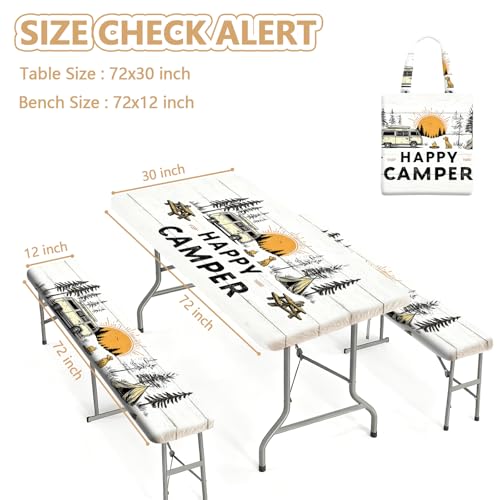 Picnic Table Cover with Bench Covers Elastic Edges, Outdoor Patio Camping Essentials 72 Inch 3PCS, Waterproof Camping Fitted Tablecloth with Handbags (Happy Camper) - color: Happy Camper, size: 72" x 30" (Rectangular)