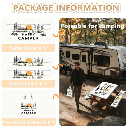 Picnic Table Cover with Bench Covers Elastic Edges, Outdoor Patio Camping Essentials 72 Inch 3PCS, Waterproof Camping Fitted Tablecloth with Handbags (Happy Camper) - color: Happy Camper, size: 72" x 30" (Rectangular)