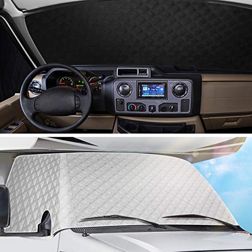 RV Windshield Cover Compatible with Class C Ford E450 1997-2025 Motorhome,Windshield Cover for Ice and Snow RV Front Window Sunshade Cover UV Block 4 Layers with Mirror Cutouts,Silver