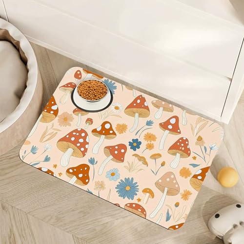 Cute Mushroom Flower Dog Cat Food Mat,Absorbent Pet Feeding Mat with Rubber Backing,Non-Slip Water Bowl Placemat,Indoor Pet Accessories Supplies 12"x20" - color: Cute Mushroom Flower, size: 12"×20"