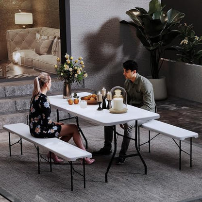 Real Relax 6' Picnic Table with 2 Benches, 3 Piece White Portable HDPE Folding Camping Table and Benches for Courtyard, Garden, Outdoor Leisure, Party - color: White