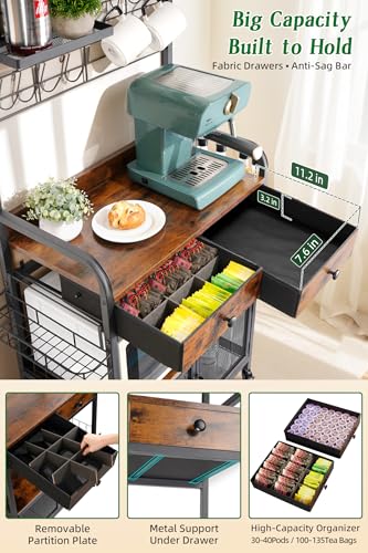 Rolling Coffee Bar Cart for Small Spaces, Coffee Station Cabinet with Storage, Apartment Coffee Nook, Side Syrup Rack, Tea Pod Drawer, Magnetic Doors, Lockable Wheels, Rustic Brown - color: Black & Brown