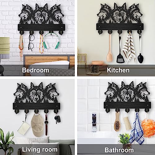 MAYJOYDIY Wood Wolf Wall Mount Coat Rack 11.8×8inch Wolf Forest Key Holder for Wall Coat Rack Wolf Key Hook 5 Alloy Hooks Animal Theme Wall Art Hook Gift for Hallway Office Living Room - color: Wolf