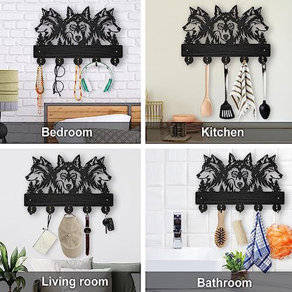 MAYJOYDIY Wood Wolf Wall Mount Coat Rack 11.8×8inch Wolf Forest Key Holder for Wall Coat Rack Wolf Key Hook 5 Alloy Hooks Animal Theme Wall Art Hook Gift for Hallway Office Living Room - color: Wolf