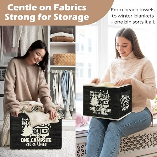 Rustic Camping Camper Storage Bin Box with Handles, Making Memories One Campsite at a Time Foldable Linen Fabric Laundry Basket for Home Bedroom Bathroom Clothes Toys Books(Black) - color: Black