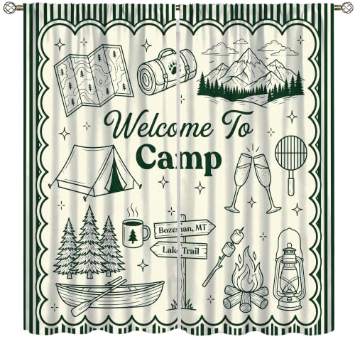 Vintage Camp Party Curtain,Camping Lake Mountain Forest Campfire Canoe Printed Rod Pocket Window Drapes for Bedroom Living Room Decor 42" W X 45" L - color: Camping-20, size: 20.5"W x 45"L (Pack of 2)