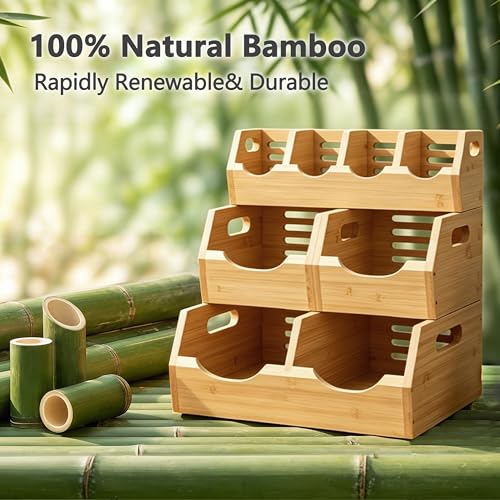 3-Tier Bamboo Storage Bins, Modular Potato & Onion w/ Spices | 4-pc bamboo set: 1 spice tray, 3 veggie baskets. Ventilated. Great for counters, bathrooms, living rooms.