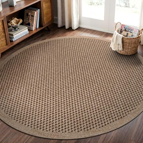 CAMILSON Easy Jute Round Rug 4ft Indoor Outdoor Natural Color Fiber Area Rugs for Living Room Patio and Kitchen Rug, Sisal Boho Woven Design Easy-Cleaning Washable Outside Carpet Alfombras (4 Round) - color: Checkered/Natural, size: 4' (Round)