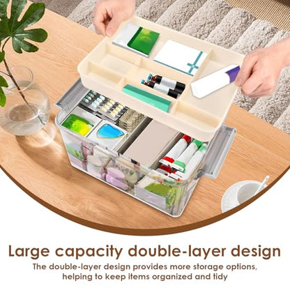 Medicine Organizer Storage Box with Handle, Clear Plastic First Aid Kit Organizer, Portable Multipurpose Emergency Supplies Container with Removable Tray for Home Office, Waterproof (Clear)