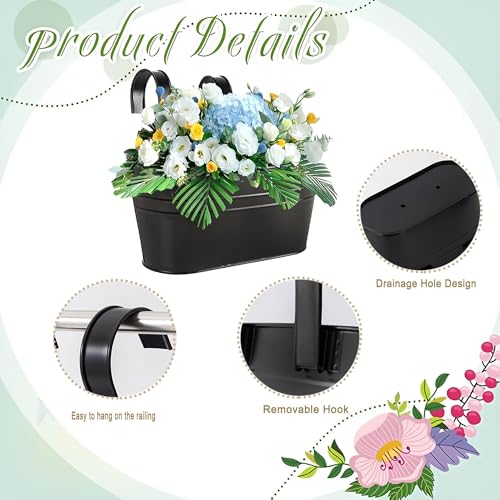 10.6 Inch 3 Pack Long Slot Wrought Iron Hanging Flower Pots Small Metal Hanging Flower Basket with Removable Hooks and Drainage Holes Suitable for Porch Railing Balcony Fence Garden (HS)