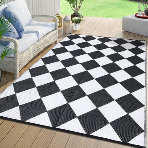 GarveeHome Outdoor Rug 9x18 Waterproof Mat Reversible Outdoor Plastic Straw Rug Patio Rugs Camping Rugs Portable Outdoor Mat for RV Porch Balcony Backyard Picnic Beach Black/White Diamond - color: Black/White Diamond, size: 9' x 18' (Rectangular)