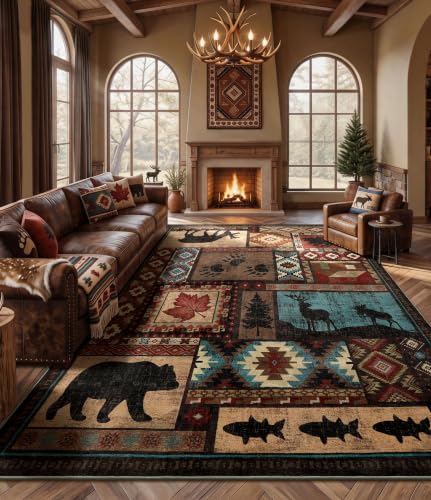 YIHOUSE Rustic Cabin Rugs for Living Room 9x12, Wildlife Bear & Deer Area Rug, Washable Southwestern Lodge Large Area Rug - color: Brown, size: 9'x12' (Rectangular)