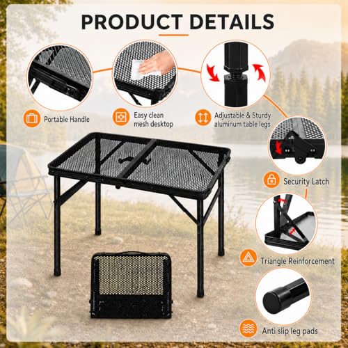Folding Grill Table Camping Table with Mesh Desktop, Lightweight & Portable Outdoor Picnic Table, Height Adjustable Portable for Outside Inside Use - size: Regular Size