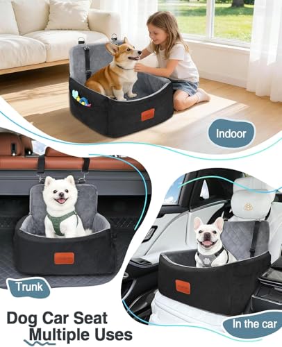 WOOAIDAGG Dog Car Seat for Small Dogs Under 30lbs, Comfy & Safe Travel Bed with Washable Cover, 2 Clip-On Safety Leashes and Pockets, Anti-Slip Base, Easy to Install(Black/Grey) - color: Black/Grey