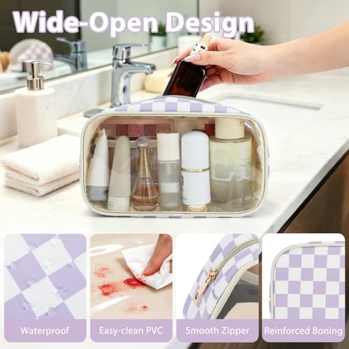 Fammart Clear Travel Makeup Bag for Women, TSA Approved Checkered Cosmetic Bag Make Up Car Organizer Case with Zipper, Large Waterproof Pouch Purse Toiletry Bag for Skincare, Brushes Travel Essentials - color: Clear, 2PCS - Purple Checkered