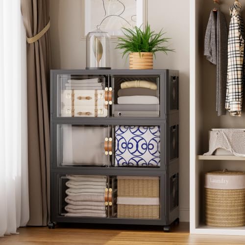 SAILUN 321QT/80Gal Stackable Storage Bins with a Lid, Collapsible Storage Bins With Doors, Folding Cabinet for Home Closet Organization,3 Pack-26 W x 16.5" D x 43.3" H Black - color: Black-110qt, size: 1 lid 3 Pack