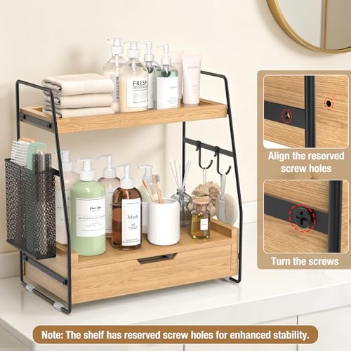 2-Tier Bathroom Counter Organizer with Drawer and Removable Basket, Wood Vanity Countertop Storage for Perfume, Makeup, Skincare, Bathroom Counter Shelf, 13" x 7.9" x 14.5", Light Brown - color: Light Brown