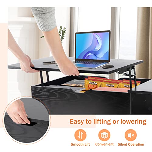 Sweetcrispy Lift Top Coffee Table Black for Living Room, Small Rising Wooden Dining Center Tables with Storage Shelf and Hidden Compartment