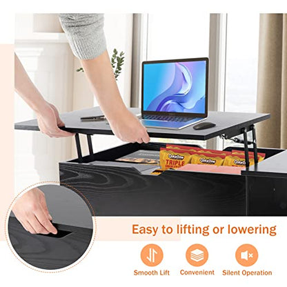 Sweetcrispy Lift Top Coffee Table Black for Living Room, Small Rising Wooden Dining Center Tables with Storage Shelf and Hidden Compartment