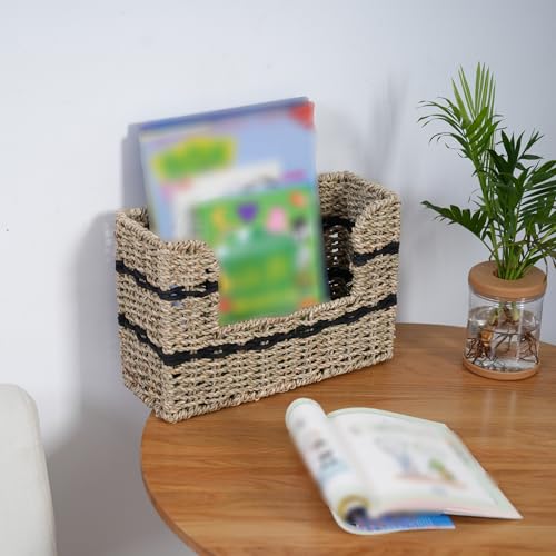 Handmade Seagrass Woven Hanging Basket with Black Cotton Rope - 11.81 x 4.33 x 7.87 Inches - Ideal for Wall Decor & Storage (Rectangular opening) - style: Rectangular opening