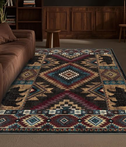 YIHOUSE Rustic Cabin Area Rug 4x6,Machine Washable Lodge Bear Rug,Non-Slip Low Pile Print Pattern Western Aztec Rug for Living Room Bedroom - color: Bear, size: 4'x6' (Rectangular)