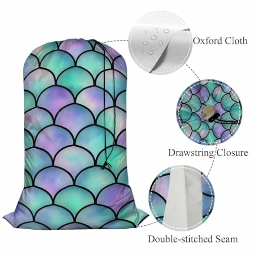 Swono Heavy Duty Large Laundry Bag Mermaid Scales 1 Pack 28 x 40 Inch, Watercolor Rainbow Sea Life XL Drawstring Travel Organizer Bag Tear Resistant Dirty Cloth Storage 4 Loads of Clothes, Ocean Theme - color: Mermaid Scales