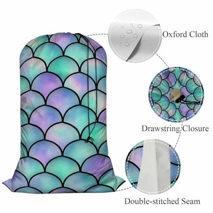 Swono Heavy Duty Large Laundry Bag Mermaid Scales 1 Pack 28 x 40 Inch, Watercolor Rainbow Sea Life XL Drawstring Travel Organizer Bag Tear Resistant Dirty Cloth Storage 4 Loads of Clothes, Ocean Theme - color: Mermaid Scales