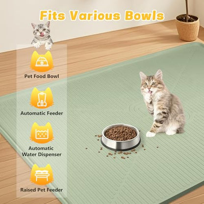 Lorvain 45" x 30" Cat Food Mat, Extra Large Silicone Pet Feeding Mat with Raised Edges, Pet Placemat for Cat Dog Food and Water Bowl Waterproof, Non-Slip, Easy to Clean, Floor Protection, Green - color: Green: 45" x 30"