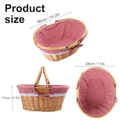GNIEMCKIN 1 Pack 14 Inch Wicker Basket with Handle, Wicker Picnic Baskets with Checkered Liner, Oval Willow Woven Basket for Fruit, Wine, Wedding, Picnic - size: 1 Pack 14 Inch