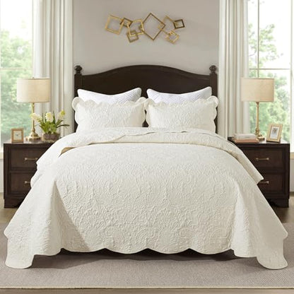 HoneiLife Oversized Queen Bedspreads 110x106- Queen Size Quilt Bedding Sets 3-Piece, Reversible Coverlets Lightweight Bedlinen Set for All Season Use-Beige - color: Beige, size: Oversized Queen-110"x106"