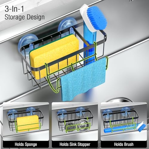 3-in-1 Kitchen Sink Caddy Organizer with Sponge Holder, Brush Holder, Extra Rack for Scrubber, Sink Stopper, Dish Cloth Hanger - Strong Dual Suction Cup, 2.0mm SUS304 Stainless Steel - Black - color: Black
