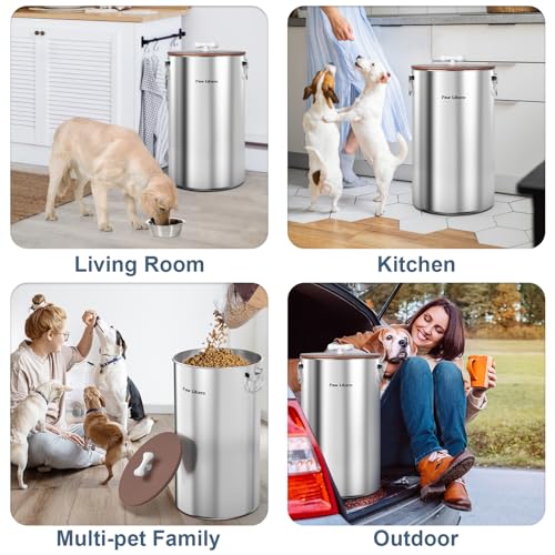 Paw Libero 35 Lbs Stainless Steel Dog Food Storage Container with Airtight Wooden Lid & Ceramic Bone Handle, Large Metal Dog Food Bin, Pet Treat Jars for Dogs & Cats, Keep Fresh, Easy to Clean - size: 35 lbs - 1pk
