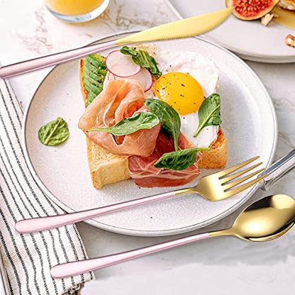 AARAINBOW 6 Pieces 18/8 Stainless Steel Flatware Set Portable Reusable Cutlery Set Travel Utensils Set Including Chopsticks Knife Fork Spoon Straws Cleaning Brush Dishwasher Safe (Pink golden) - color: Pink golden