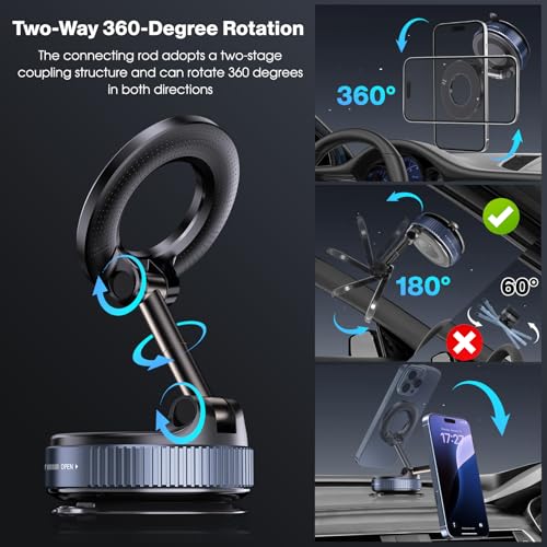 Jikasho Vacuum Magnetic Car Phone Holder for Magsafe, Hands-Free 360° Adjustable Suction Cup Phone Mount for Car/Gym/Mirror/Smooth Surface, Compatible with iPhone & Android (Silver Black) - color: Silver Black