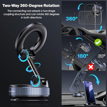 Jikasho Vacuum Magnetic Car Phone Holder for Magsafe, Hands-Free 360° Adjustable Suction Cup Phone Mount for Car/Gym/Mirror/Smooth Surface, Compatible with iPhone & Android (Silver Black) - color: Silver Black