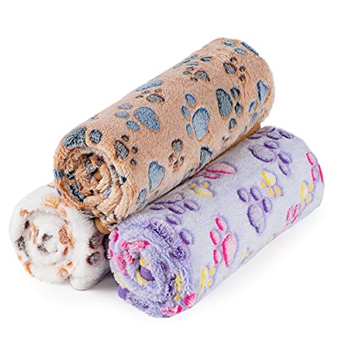Dono 1 Pack 3 Dog Blankets, Soft Fluffy Fleece Pet Blanket Warm Sleep Mat Paw Print Design Puppy Kitten Throw Blankets Doggy Blanket for Dogs - color: Purple/Beige/Brown, size: Large(41*31")