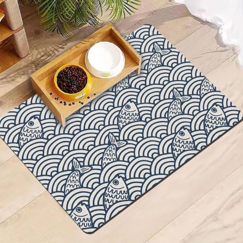 Cat Food Mat, Absorbent Pet Feeding Mat for Dogs and Cats, Abstract Sea Wave Non-Slip Quick Dry Dog Bowl Mat, Floor Protector for Food and Water Bowls (16x24in) - color: Fish, size: 16x24in