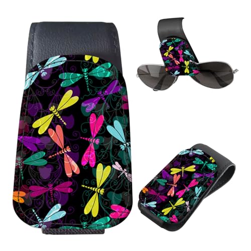 Sunglasses Holder for Car Visor, PU Leather Glasses Clip Organizer, Cute Magnetic Eyeglass Holder for Vehicle Sun Visor, Car Interior Accessory for Women & Men Colorful Dragonfly Glow - color: Colorful Dragonfly Glow