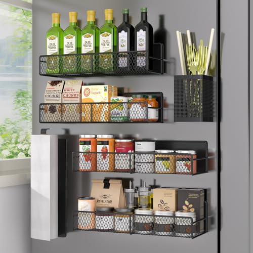 Magnetic Spice Rack for Refrigerator, 6 Pack 100% Metal Strong Magnet Shelf Black, Space Saving Spice Organizer, Home Kitchen Laundry Room Storage Organization W/ Paper Towel Holder, Utensils Racks - color: Black, style: 6 Pack
