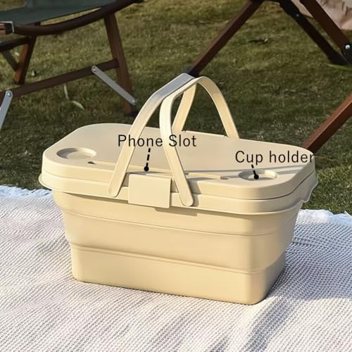 PicnicPro 2-in-1 Foldable Basket & Table Lightweight Collapsible Storage Organizer with Carrying Handle, Portable Picnic Basket with Tabletop, Space-Saving for Beach Camping Car Boot & Home