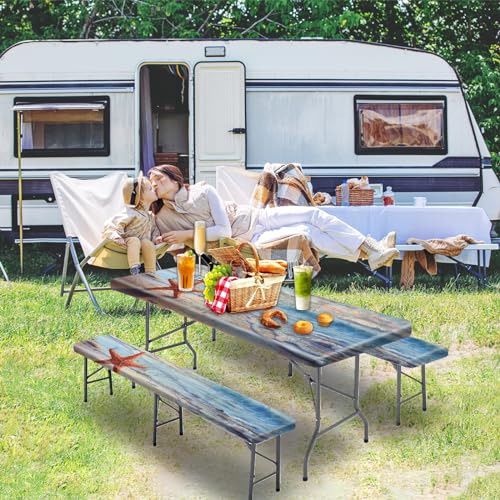 Park Picnic Table Cover with Bench Covers Lightweight Camping Essentials, Oil-Proof Waterproof 3PCS Tablecloth with Elastic, Fitted for Table 6FT Rectangle and Seats, Board Beach (72x30in) - color: Board Beach