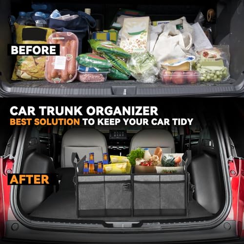 Auto Dynasty Collapsible Car Trunk Organizer, Grey Foldable Cargo Storage Container with Water Resistant Fabric for Car Accessories, SUV, Van, Tools, 2 Compartments