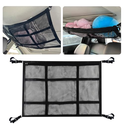 Car Ceiling Cargo Net,35.43"×25.59" Auto Ceiling Storage with Reinforced Buckle Fastener,Double Layer Mesh Roof Storage Organizer,Universal Camping Essentials for Cars, Vans, SUVs