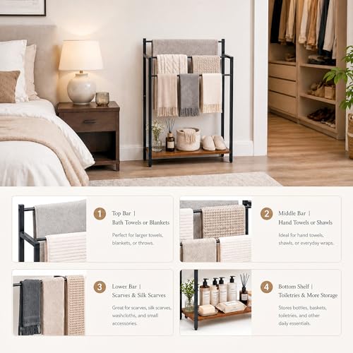 24.8" W Freestanding Towel Rack, 3 Tier Blanket Ladder Stand with Rustic Brown Wooden Shelf for Bathroom Living Room - color: Rustic Brown, size: 31.5" H x 24.8" W x7.9 D
