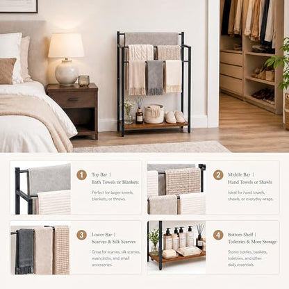 24.8" W Freestanding Towel Rack, 3 Tier Blanket Ladder Stand with Rustic Brown Wooden Shelf for Bathroom Living Room - color: Rustic Brown, size: 31.5" H x 24.8" W x7.9 D