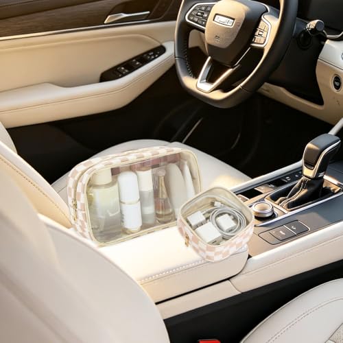 Fammart Clear Travel Makeup Bag for Women, TSA Approved Checkered Cosmetic Bag Make Up Car Organizer Case with Zipper, Large Waterproof Pouch Purse Toiletry Bag for Skincare, Brushes Travel Essentials - color: Clear, 2PCS - Khaki Checkered