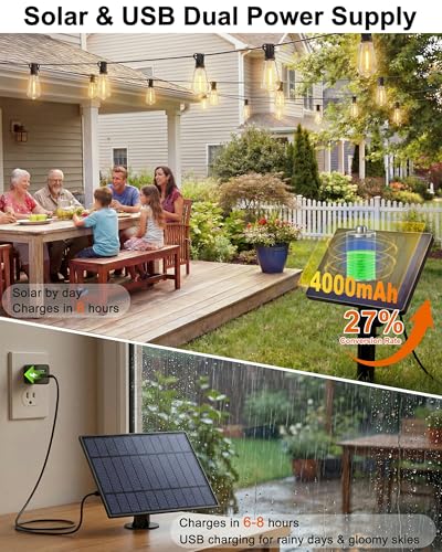 Outdoor String Lights Solar Powered, 108FT Dimmable Solar Patio Lights with Remote & 31 ST38 LED Shatterproof Bulbs, IP65 Waterproof, Dusk to Dawn Outdoor Lights for Backyard, Balcony, Party - size: 108FT (30Bulbs)