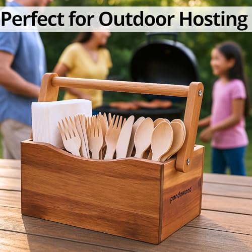 Utensil Caddy for Parties - Acacia Wood Silverware Caddy for Party Kitchen Countertop - Utensil Holder for Party Kitchen Counter - Cutlery Flatware Caddy Silverware Holder for Countertop Organizer