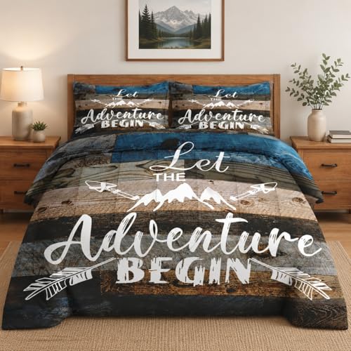 WeCozy King Size Comforter Set with 2 Pillowcases, Camp Adventure Motivational 3 Pcs Bedding for Kids and Adults, Vintage Inspirational World Soft Comforter Set for Bedroom Bed Decor - color: Vintage Camper, size: King